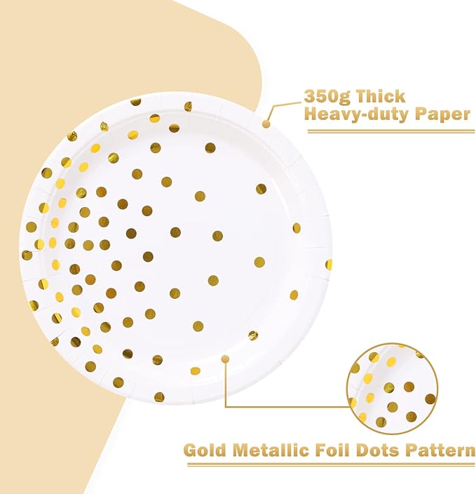 White and Gold Paper Plates 100PCS,7inch Gold Dots Dessert Plates,Disposable Party Supplies for Birthday,Wedding,Bridal Showers,Christmas,Anniversaries,All Occasions