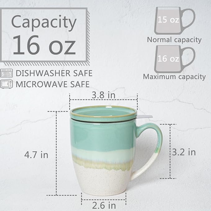 Bosmarlin Ceramic Tea Cup with Infuser and Lid, 16 Oz, 5 Colors to Choose, Dishwasher and Microwave Safe, Reactive Glaze, Steeping Tea Mug with Strainer (Mint Green)