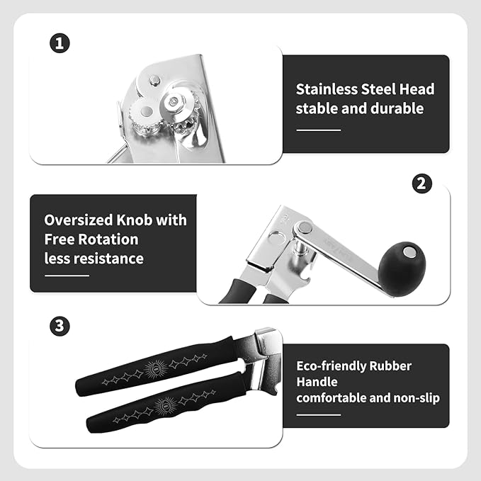 Manual Can Opener with Magnet, Heavy Duty Hand Can and Bottle Opener with Stainless Steel Blade and Rubber Grip, Smooth Cutting Hand Can Openers for Senior, Magnetic Lid Remover Kitchen Tool (Black)