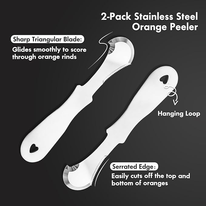 Set of 2 Stainless Steel Orange Peeler – Triangular & Serrated Blade to Easily Peel Citrus, Pomegranates, Dragon Fruit, Grapefruit