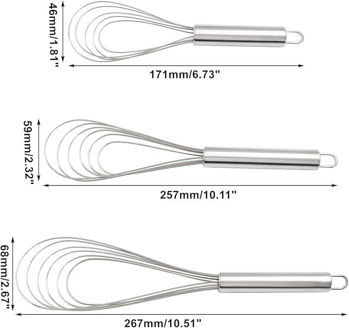 3 Pcs Kitchen Flat Whisk Set, Stainless Steel Egg Whisk Flat Wire Whisk 6 Wires Egg Mixing Whisk(6.73 Inch,10.11 Inch,10.51 Inch)