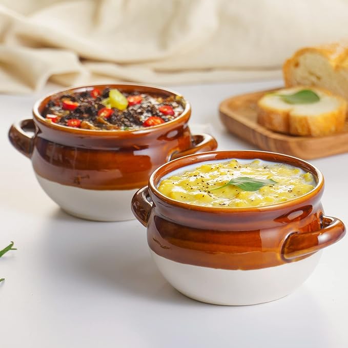 French Onion Soup Bowls with Handles, 16 Oz Ceramic Soup Serving Bowl Crocks - Oven Safe Bowls for Chili, Beef Stew, Cereal, Pot Pies, Set of 4