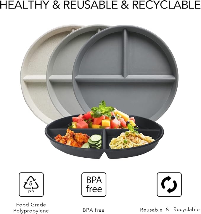 greenandlife 9 Inch (4PCS) Unbreakable Divided Plates for Kids Adults, Dishwasher & Microwave Safe Compartment Plate, Lightweight Reusable Plastic Portion Control Plates, BPA Free and Healthy