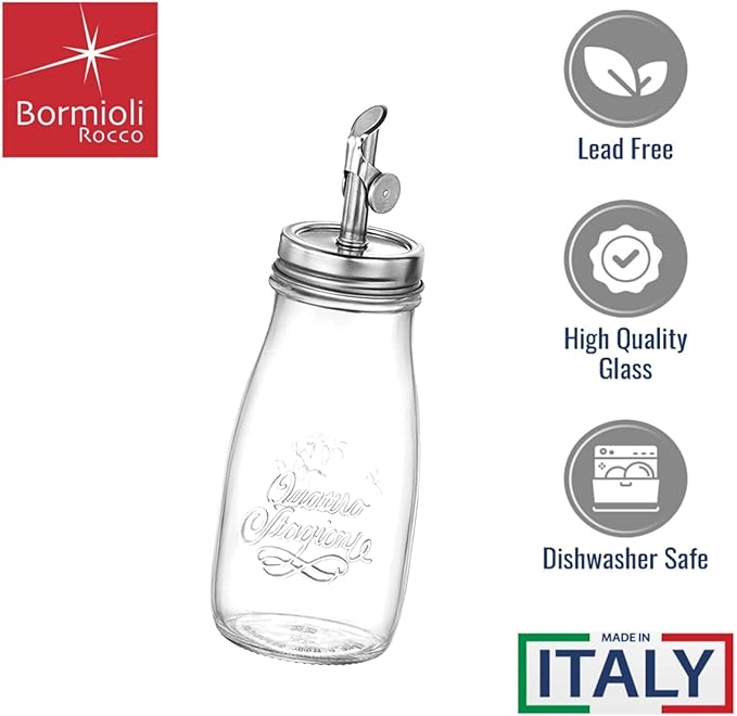 Bormioli Rocco Quattro Stagioni, 13.5 Oz Olive Oil Dispensers with Weighted Pourer, Durable Glass, Made in Italy