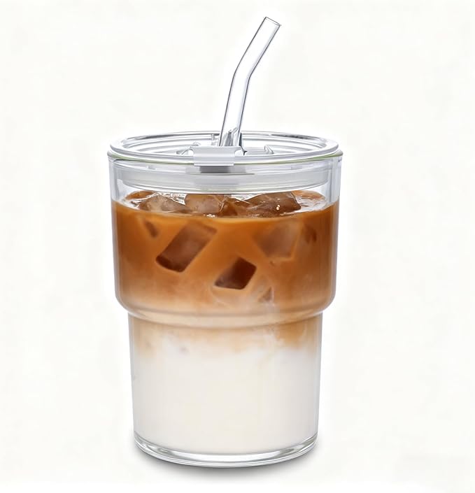 13oz Iced Coffee Cup, Reusable Glass Tumbler with Straw and Lid, Thick Wall Glass Cups with Lids and Straws for Matcha, Smoothies, Drinking Glassware Water Cups (clear-4pack)