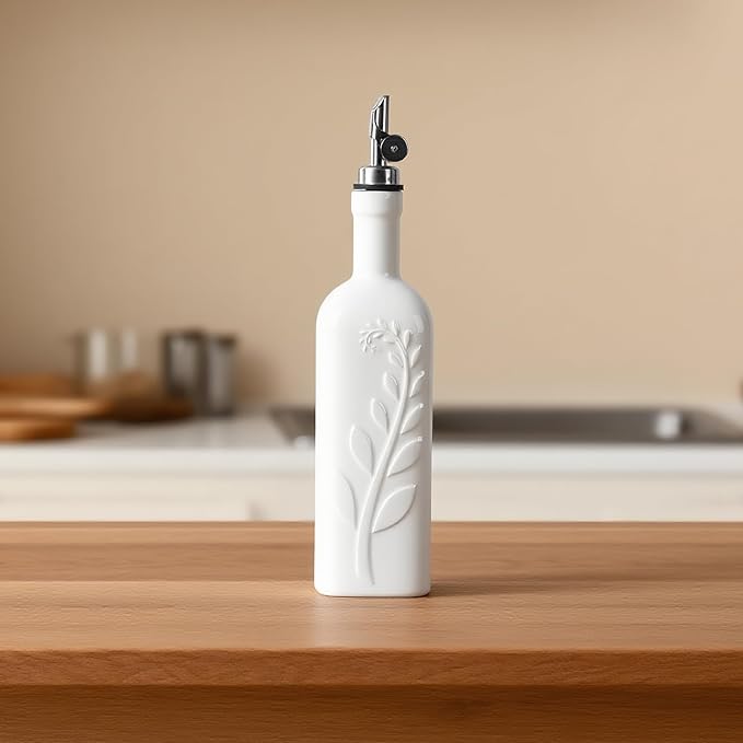 20 Oz Olive Oil Dispenser Bottle with Spout, Ceramic Large Oil Dispenser for Kitchen, Relief Opaque Oil Cruet Vinegar Container Suitable for Storage Oil, Vinegar, Soy Sauce for Housewarming Gifts