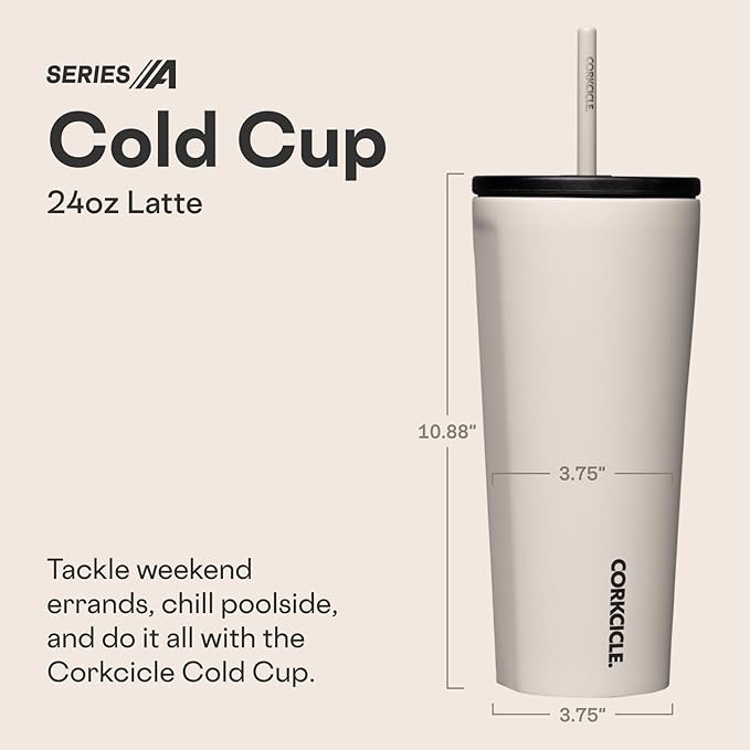 Corkcicle Cold Cup Insulated Tumbler with Straw - Keeps Drinks Cold for 12 Hours - Triple-Insulated Stainless Steel - Leak-Resistant Lid - Summer Drinkware Gift - 24 oz - Latte