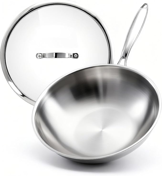WANGYUANJI 4.2 QT Tri-Ply Stainless Steel Wok Pan with Lid, 12" Flat Bottom Stir Fry Skillet for Asian Cuisine, Premium 18/10 Induction Cookware for 3-4 Servings, Oven Safe