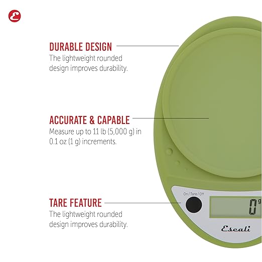 Escali Primo Digital Food Scale Multi-Functional Kitchen Scale and Baking Scale for Precise Weight Measuring and Portion Control, 8.5 x 6 x 1.5 inches, Tarragon Green