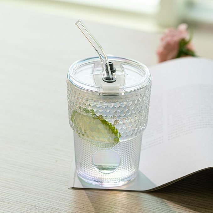 13oz/400ml Glass Water Tumbler with Straw and Lid Sealed Carry On Thick Wall Iced Coffee Cup Glass Cup for Water, Iced Tea Fruit Juice Etc (White-Ribbed)