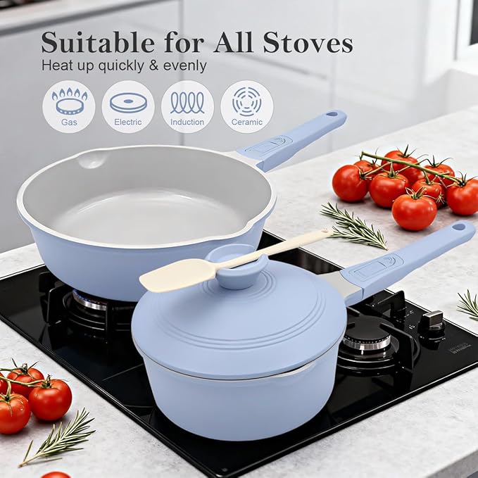 Ceramic Saucepan with Lid, 2.5 Quart Small Cooking Pot, Sauce Pan Nonstick with Pour Spout, Milk Pan with Detachable Handle, Induction Pot, Oven Safe, PFOA Free, Blue