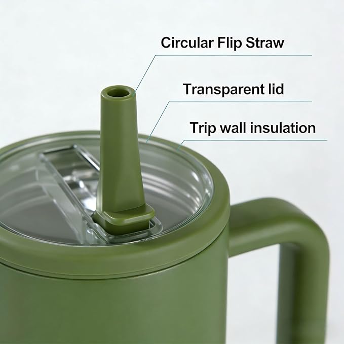 40 oz Insulated Tumbler with Handle,Flip Straw,Lid & Rubber Base Stainless Steel Water Bottle - Leak Proof Vacuum Insulated Mug BPA Free Reusable Travel Cup Gifts for Women/Men (dark green 40oz)
