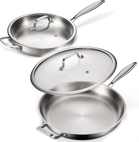 DELARLO 2-Piece Stainless Steel Pan 12-inch & 14-Inch, Frying Pan with Lid, Heavy Duty, Compatible with Induction, Electric up to 650℉, Fast & Even Heating, Durable, Dishwasher, Oven Safe Skillet