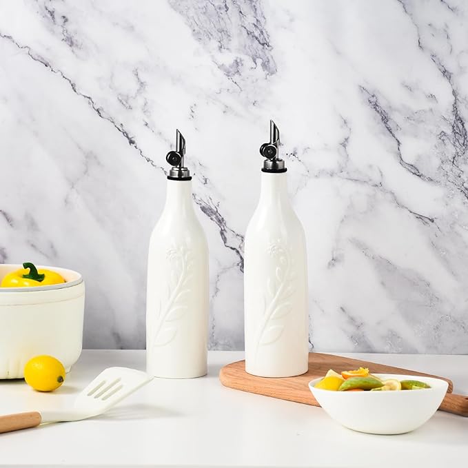 22 Oz Olive Oil Dispenser Bottle with Spout, Ceramic Large Oil Dispenser for Kitchen, Relief Oil Cruet Vinegar Container with Automatic Stainless Steel Pourer Suitable for Oil, Vinegar, Soy Sauce