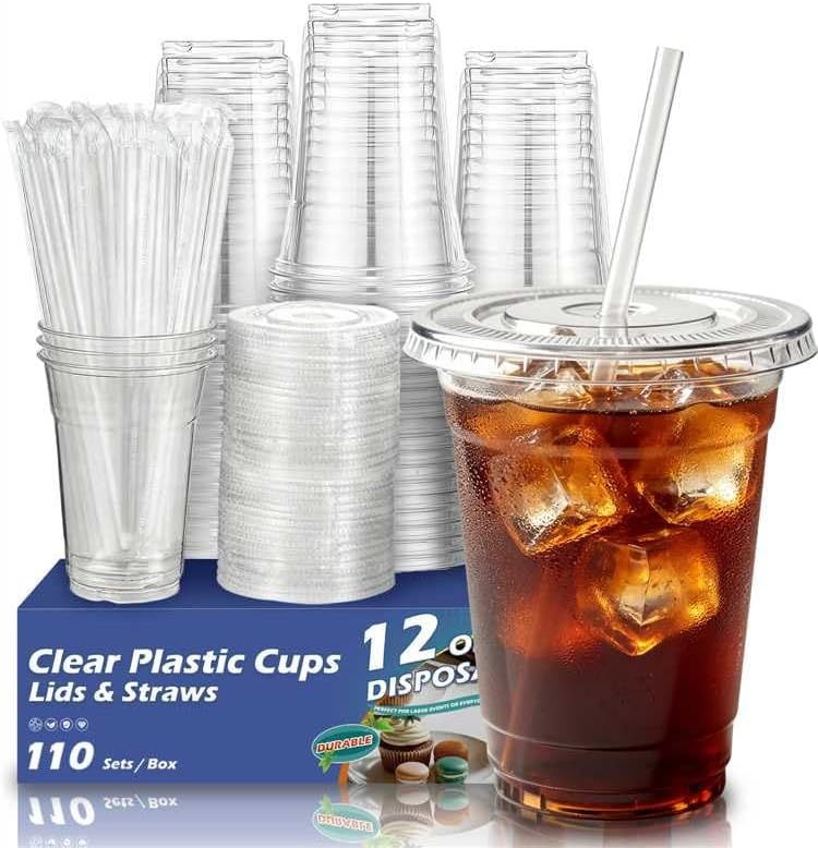 110 Pack 12 oz Disposable Clear Plastic Cups with Lids and Straws