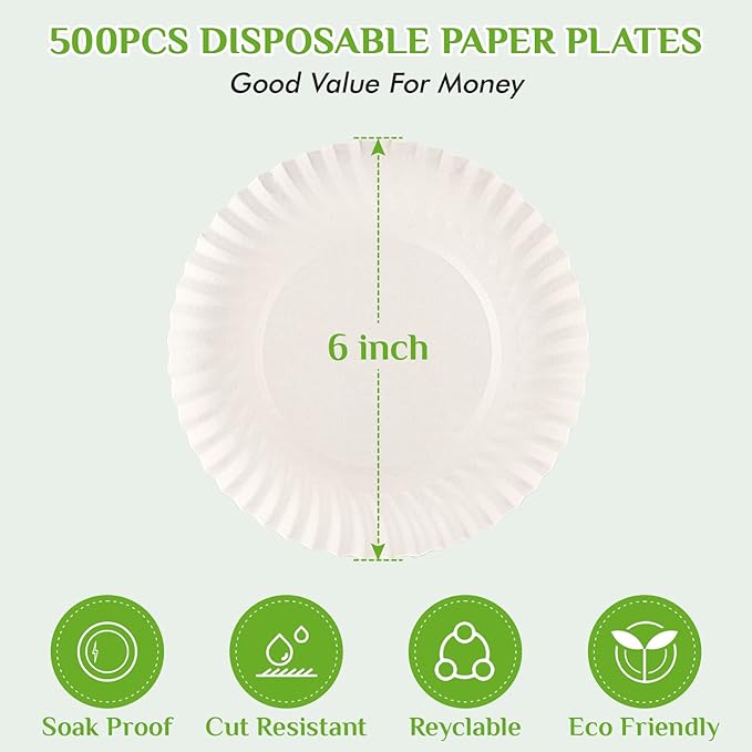 FOCUSLINE 6 Inch White Paper Plates 500 Count, Uncoated Paper Plates, Everyday Disposable Dessert Plate 6" Plate Bulk, Pack of 500 Count