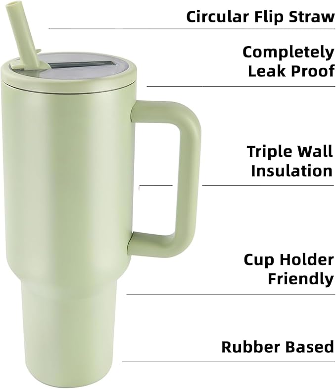 40 oz Insulated Tumbler with Handle,Flip Straw,Lid & Rubber Base Stainless Steel Water Bottle - Leak Proof Vacuum Insulated Mug BPA Free Reusable Travel Cup Gifts for Women/Men (mint green 40oz new)