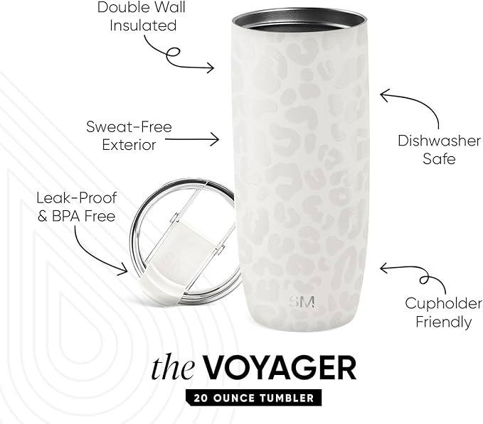 Simple Modern Voyager Tumbler with Flip Lid | Travel Coffee Mug | Insulated Stainless Steel Cold Brew Iced or Hot Coffee Cup | Gifts for Women Men Her Him | 20oz, Cream Leopard