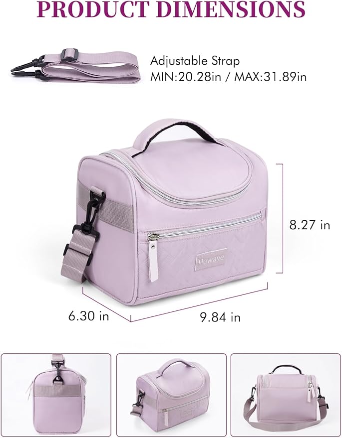 Lunch Bag for Women Insulated Lunch Box Reusable Adult Lunch Cooler Bag with Front Pocket & Adjustable Shoulder Strap, Leakproof Large Lunch Tote Bag for Work Office Travel Picnic, Purple