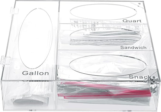 Acrylic Food Bag Storage Organizer, Acrylic Kitchen Drawer Bag Box Holder For Gallon Quart Sandwich And Snack, Compatible With Variety Size Bags Dispenser