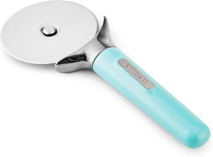 Farberware Pro Stainless Steel Pizza Cutter with Thick Blade to Cut Through Crust, Quesadillas, Brownies, ect, Elevated Wheel to Prevent Countertop Mess,Dishwasher Safe, Aqua, 9.37-Inch