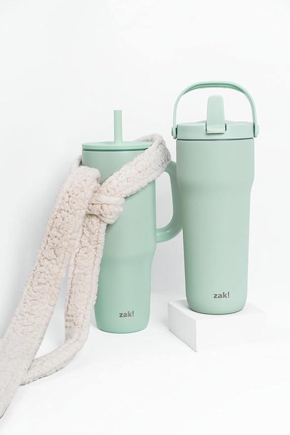 Zak Designs Sutton Travel Tumbler for On the Go, 30oz Stainless Steel with Vacuum Insulation, Straw Spout, Carry Handle for Cold Drinks (Icicle Mint Green)