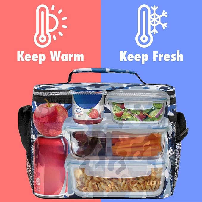 opux Insulated Lunch Bag for Men Women, Leakproof Camo Blue Lunch Box for Work, Portable Soft Lunch Cooler Bag with Shoulder Strap, Adult Lunchbox Lunch Pail for Kid Boy Girl School, 14 Can/8L