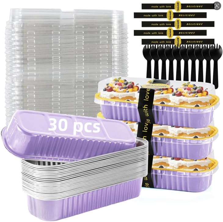 Lavender Purple Mini Loaf Pans with Lids & Spoons, 30 Count 6.8oz Disposable Aluminum Foil Cake Pans, Mini Cake Containers & Baking Tins for Desserts, Party Favors, Baking & Gift Packaging