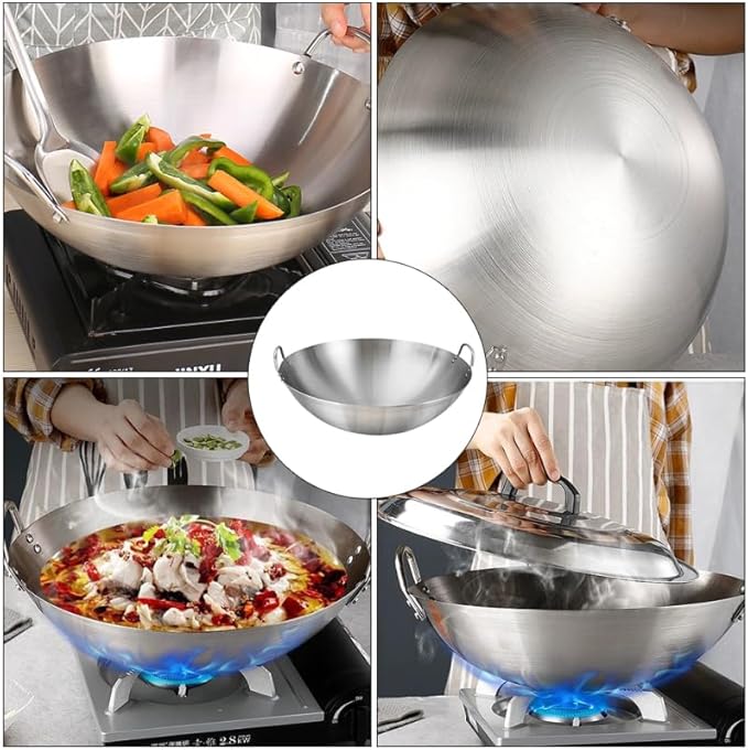 Tofficu Stainless Steel Wok 12 Inch Double Handle Round Bottom Frying Pan for Stir Fry Cooking Chinese Kitchen Use