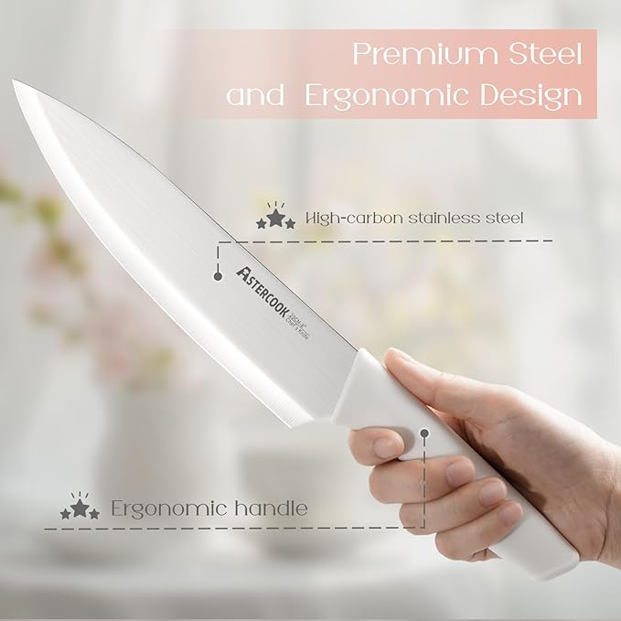 Astercook Knife Set for Kitchen 15 Piece with Block and Sharpener Kitchen Knives with Ceramic Coating Sharp Blade Dishwasher Safe Deba Knives with Anti-slip Ergonomic Handle, Elegant White