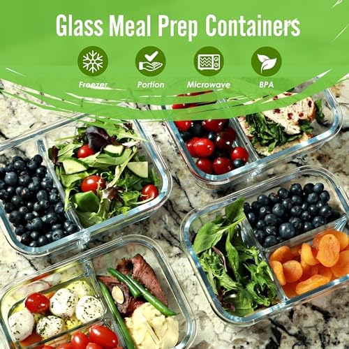 Glass Meal Prep Containers 2 & 3 Compartments with Lids 4 Pack 32 oz