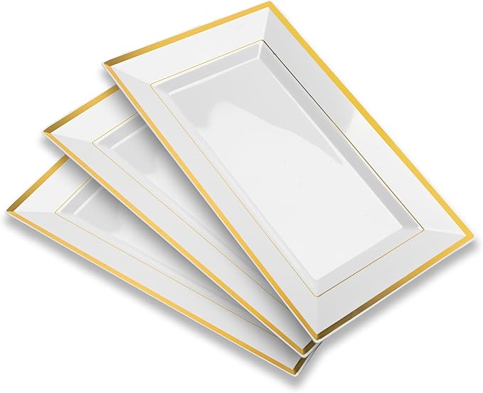 Mint Living-Elegant Plastic Serving Tray & Platter Set (3pk)-White & Gold Rim Disposable Serving Trays & Platters for Food - Weddings, Parties, Dessert Table, Cupcakes - 8x13 inches (White + Gold)
