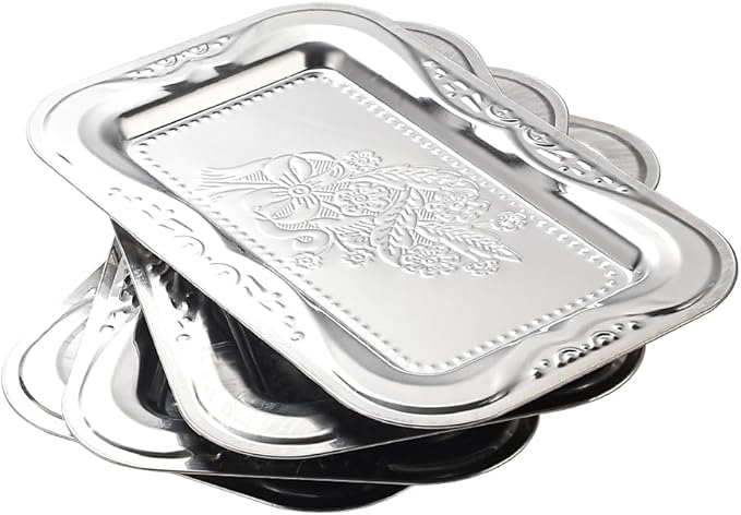 4-Pack Silver Serving Trays Set - ZENOVLUX Lightweight Bow Floral Engraved Mirror Decorative Tray, 13.8" x 8.7" Party Platters for Easter, Food, Appetizer, Charcuterie, Cookies, Desserts