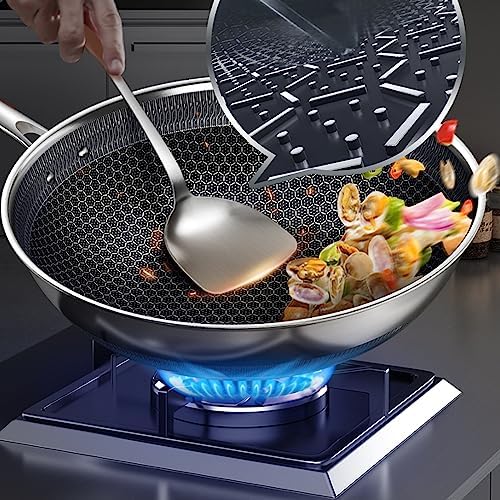14" Honeycomb Non Stick Wok Pan Stainless Steel Stir-fry Wok with Lid,Skillet with Stay-cool Handle PFOA Free Suitable for Induction, Ceramic, Electric, and Gas Cooktops (Sliver, 14 Inches)