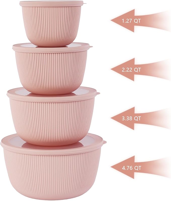 BoxedHome Mixing Bowls with Lids Set, 4 Packs BPA-Free Plastic Prep Bowls for Kitchen, Dishwasher & Microwave Safe, Pink