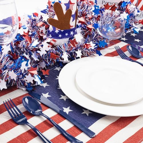 Liacere 100Pack Pre Rolled Blue Silverware and Napkin-Disposable Blue Plastic Utensils-Plastic Cutlery Set with Napkin:100 Forks,100 Knives,100 Spoons,100 Napkins for Wedding&Party&Independence Day
