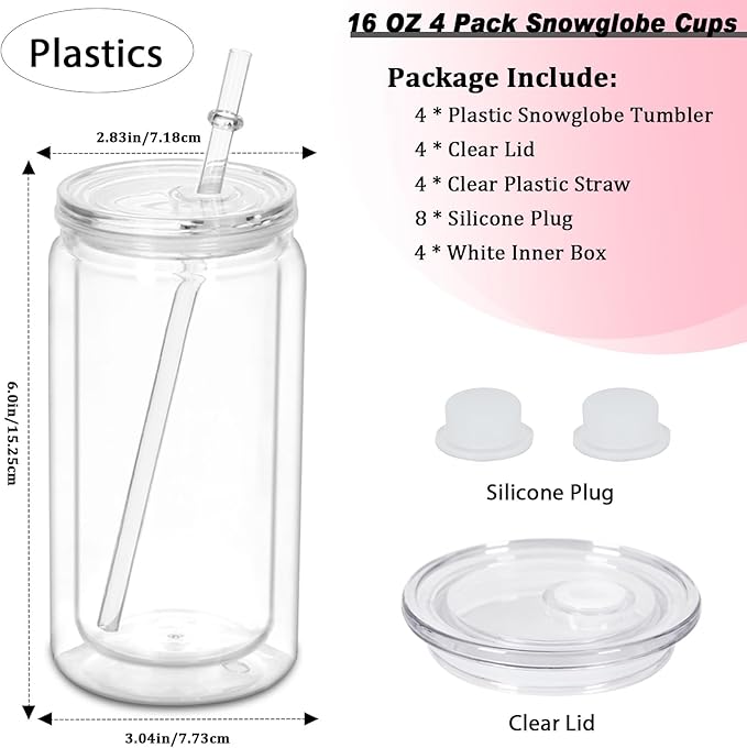 16 oz Plastic Snow Globe Tumbler, 4 Pack Double Wall Snowglobe Tumbler with Pre Drilled Hole, Plastic Mason Jar Cups Can for Snow Globe Glitter DIY ( Clear )