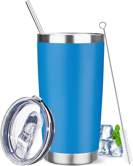 20 oz Tumbler with Lids and Straws, Stainless Steel Insulated Travel Coffee Mug, Double Wall Vacuum Insulated Tumblers, Powder Coated Coffee Tumbler for Cold & Hot Drinks (Sea Blue)
