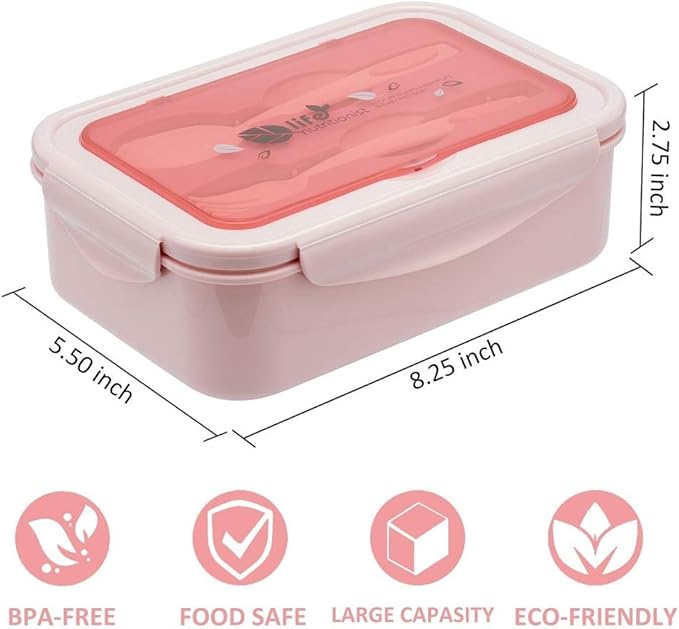 LOVINA Bento Boxes for Adults - 1100 ML Bento Lunch Box For Kids Childrens With Spoon & Fork - Durable for On-the-Go Meal, BPA-Free and Food-Safe Materials, Pink