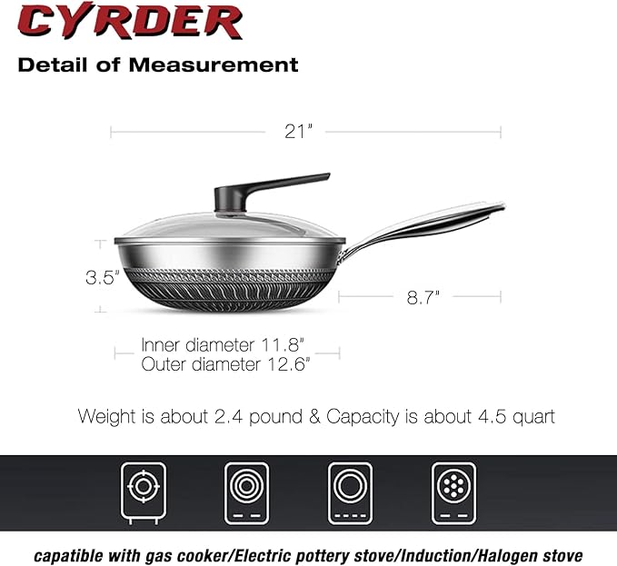 Hybrid Nonstick 12.5Inch 316 Stainless Steel Pan, PFOA Free Wok, Dishwasher Oven Safe, Stay Cool Handle Skillet, Works with Induction Cooktop/Ceramic/Gas/Electric Stovetop