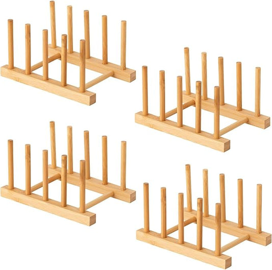 4 Pcs Bamboo Wooden Dish Rack, Plate Organizer for Cabinet Space Saver and Kitchen Counter, Bowl/Cup/Pot Lid/Cutting Board Drying Holder (4 Slots)