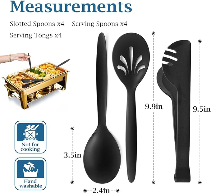 Reusable Plastic Serving Utensils Set of 12, Wheat straw Large Serving set 10" Serving Spoons/10" Slotted Spoons/9.4" Tongs, for Party Buffet Catering (Black, Not for Cooking)