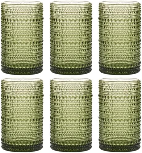 Moretoes 12 Oz Green Hobnail Drinking Glasses Set of 6 Water Glass Cups