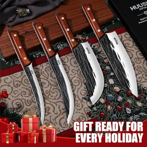 Huusk Butcher Knife Set, 4 PCS Hand Forged BBQ Knife Set for Meat Cutting