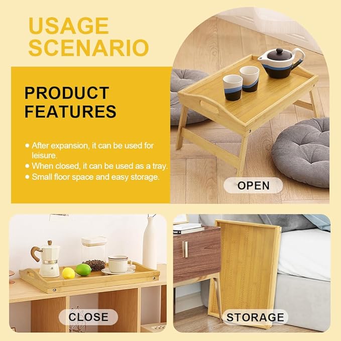 Bamboo Bed Tray Table with Folding Legs Set of 2 Foldable Breakfast Tray Portable Serving Table Laptop Snack Drawing Breakfast Trays for Bed (Set of 2)