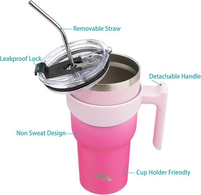 40 oz Tumbler with Handle and 2 Straw 2 Lid, Insulated Water Bottle Stainless Steel Vacuum Cup Reusable Travel Mug, Cherry