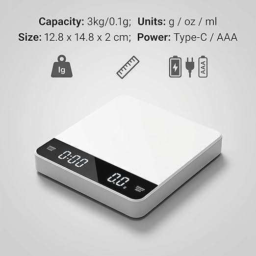 Partyreal Digital Kitchen Coffee Scale, Slim Food Scale with Tare and g/oz/ml Units, Backlit Display, USB-C Rechargeable with AAA Backup, 3kg, White