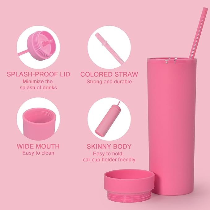 sweet grain Skinny Tumblers with Lids and Straws(6 Pack) - 16oz Matte Pastel Colored Skinny Acrylic Tumblers, Double Wall Plastic Tall Skinny Tumblers Bulk for Cold Hot Drinks - Pink