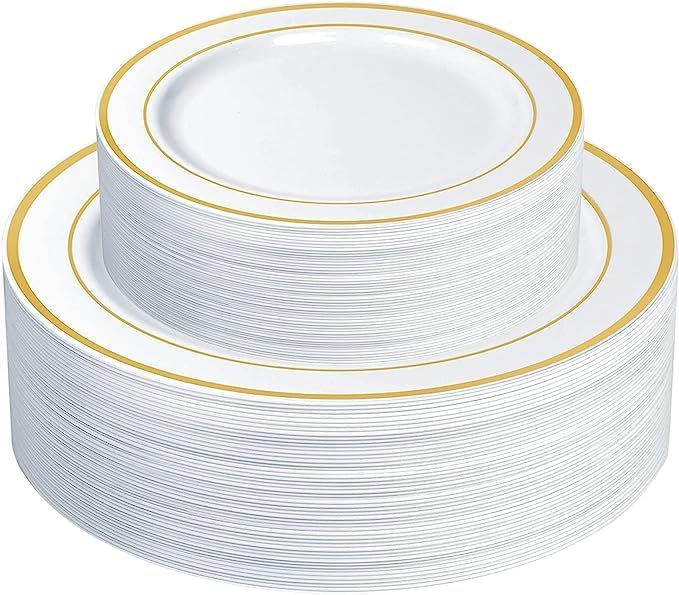 SETUP [Case of 240 Combo White Gold Rimmed Plastic, Disposable for Party - Premium Heavy-Duty Wedding, 120 Disposable 10.25" Dinner and 120 Disposable 7.5" Salad Plates