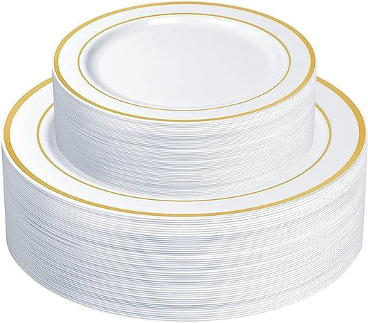 SETUP [Case of 240 Combo White Gold Rimmed Plastic, Disposable for Party - Premium Heavy-Duty Wedding, 120 Disposable 10.25" Dinner and 120 Disposable 7.5" Salad Plates